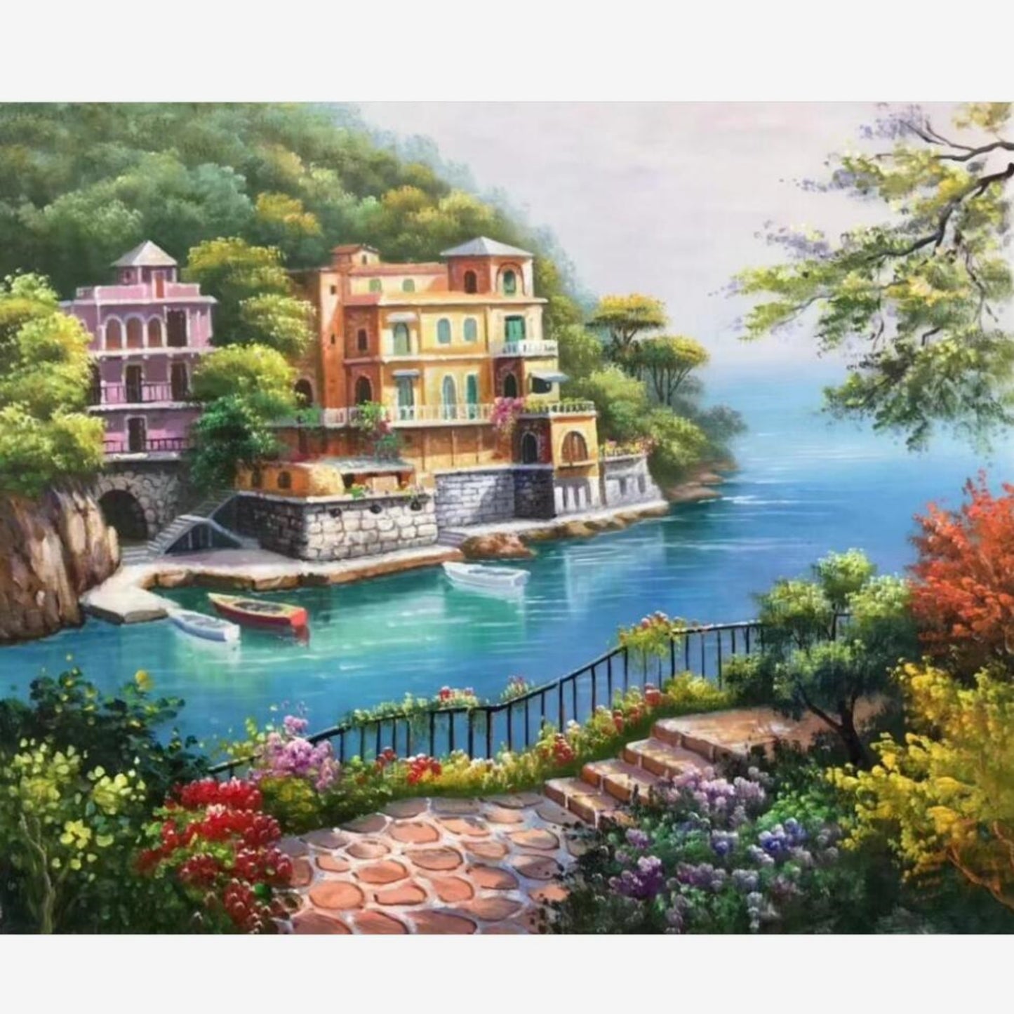 Mediterranean Landscape Oil Painting on canvas Coastal Wall Art for Living Room