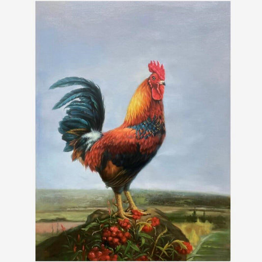 Handmade Rooster Oil Painting 24 by 32 Artwork Beautiful Cock Wall Decor