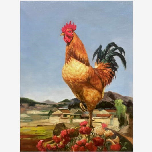 Handmade Rooster Oil Painting on Canvas 24 by 32 Artwork Beautiful Cock Wall Decor