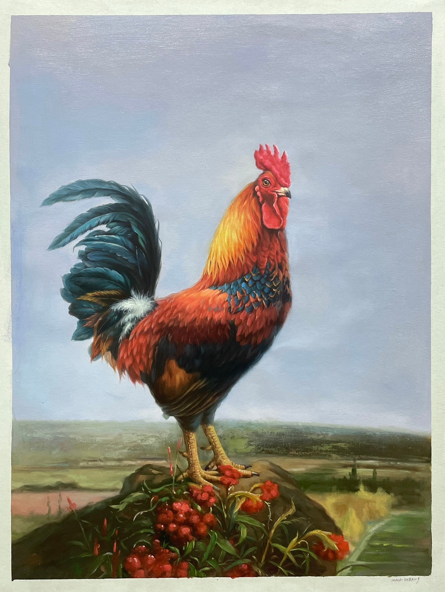 Handmade Rooster Oil Painting 24 by 32 Artwork Beautiful Cock Wall Decor