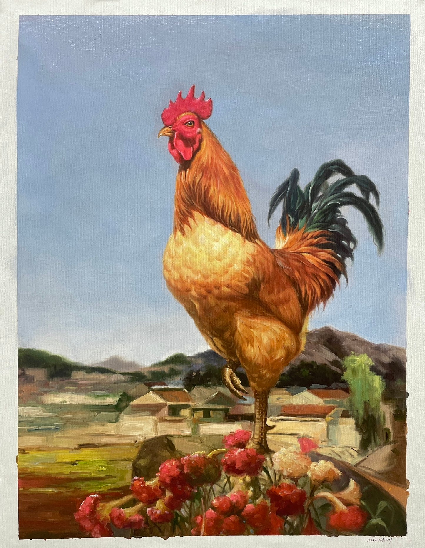 Handmade Rooster Oil Painting on Canvas 24 by 32 Artwork Beautiful Cock Wall Decor