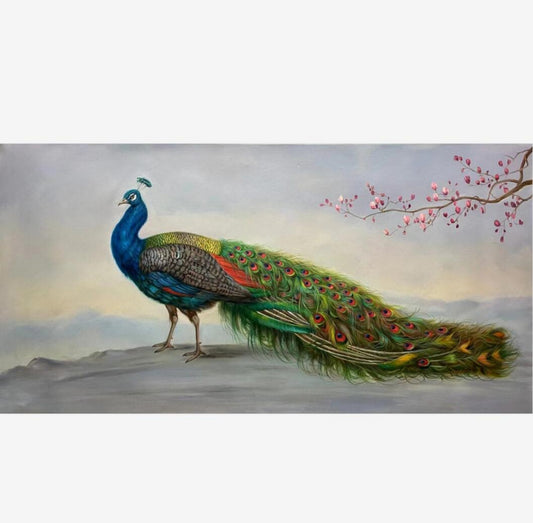 Handpainted Peacock Oil Painting 32 by 63 Artwork Beautiful Animal for Living Room