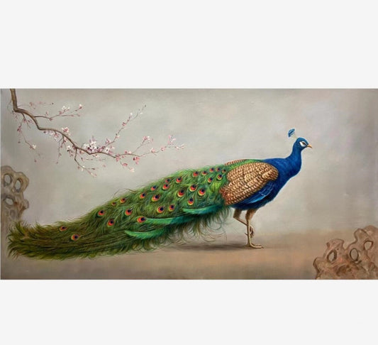 Handpainted Peacock Oil Painting 32 by 63 Artwork Beautiful Animal Wall Deceration