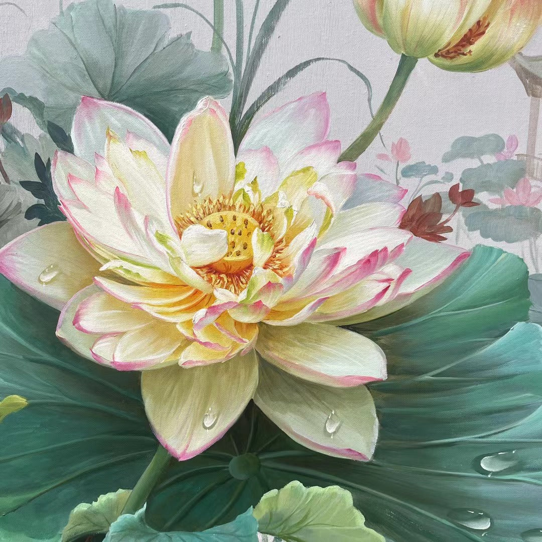 100 Handmade Lotus Oil Painting on Canvas Super Realistic flower painting 32 by 51 M2001