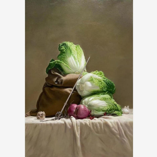 Realistic Chinese Cabbage Handmade Oil Painting on Canvas Wall Decor 28 by 39 M2026