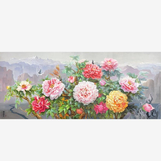 Hyperrealistic Peony Flower 100% Handmade Oil Painting on Canvas Wall Decor 120x280cm M2045