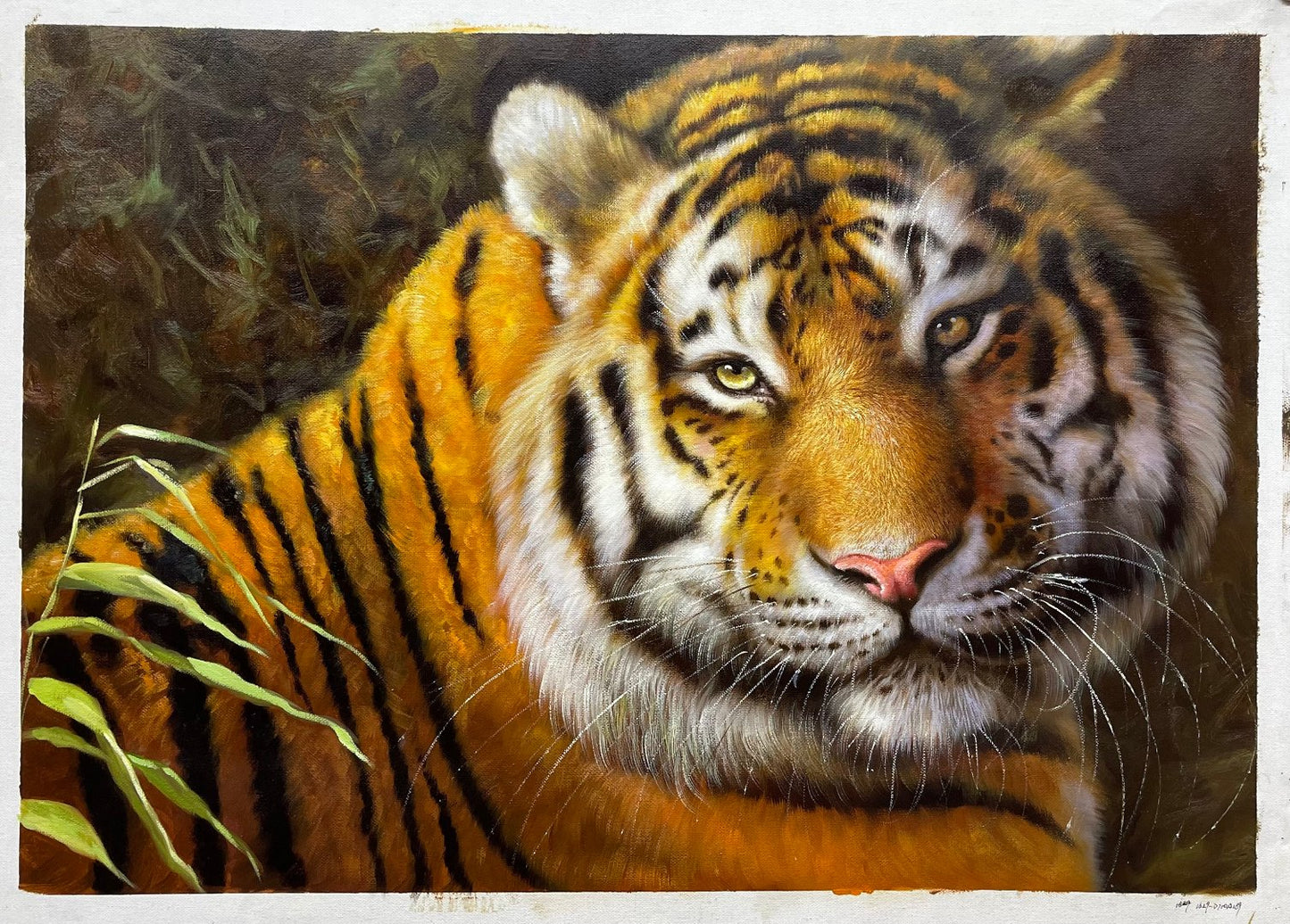 Tiger Oil Painting 28 by 39 Handmade artwork American wildlife portrait Cute animal gift