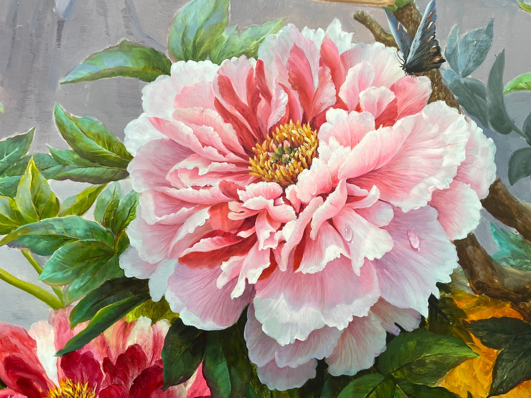 Hyperrealistic Peony Flower 100% Handmade Oil Painting on Canvas Wall Decor 120x280cm M2045