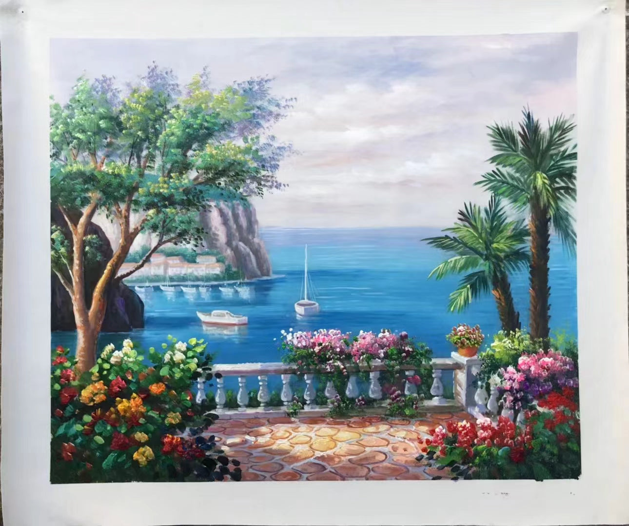 Mediterranean Landscape Oil Painting on canvas Coastal Wall Art for Living Room