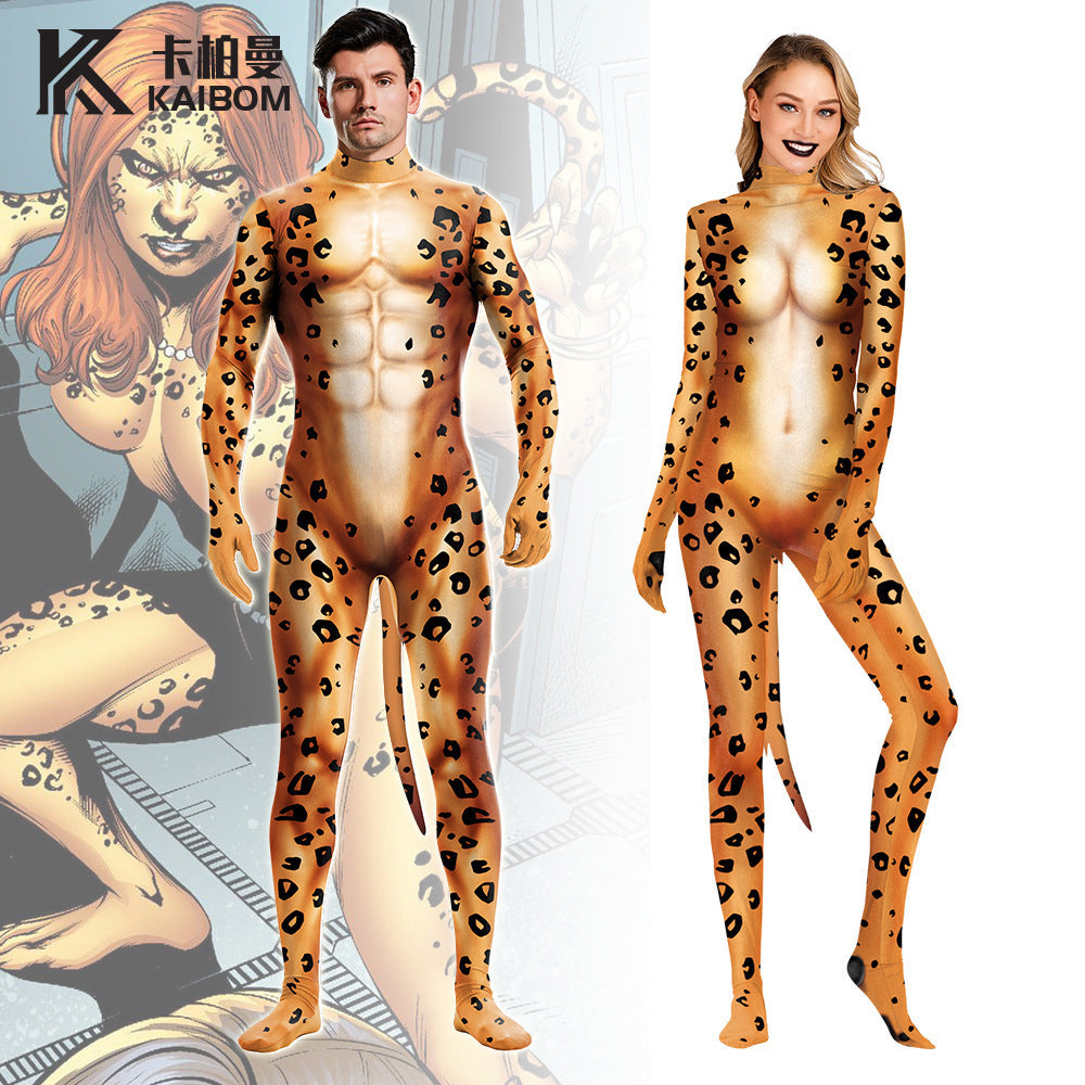 Cosplay Zentai Cheetah Bodysuit for men Animal print with tail halloween Party