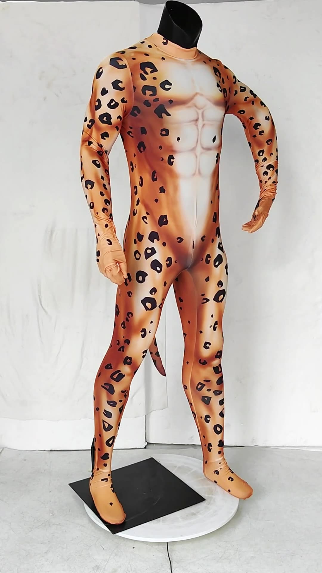 Cosplay Zentai Cheetah Bodysuit for men Animal print with tail halloween Party