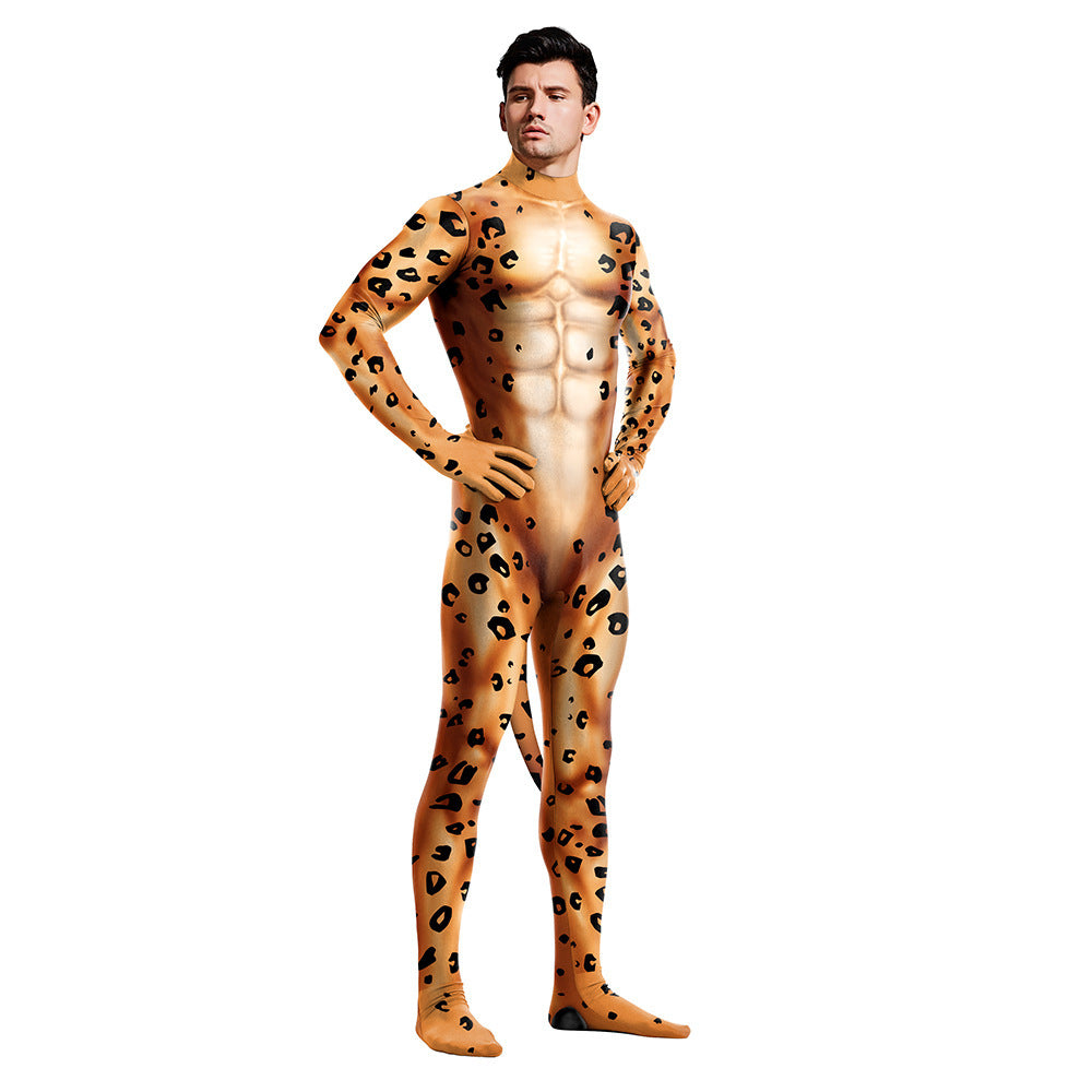 Cosplay Zentai Cheetah Bodysuit for men Animal print with tail halloween Party