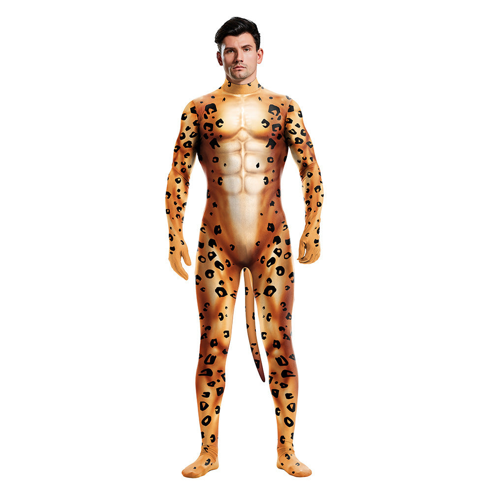 Cosplay Zentai Cheetah Bodysuit for men Animal print with tail halloween Party