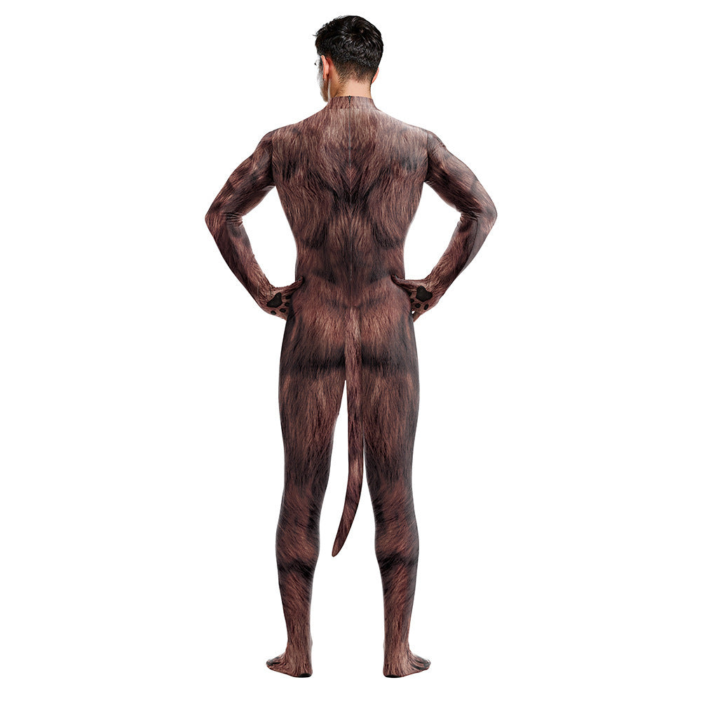 Cosplay Zentai Bodysuit for men Animal print with tail halloween Party furry catsuit