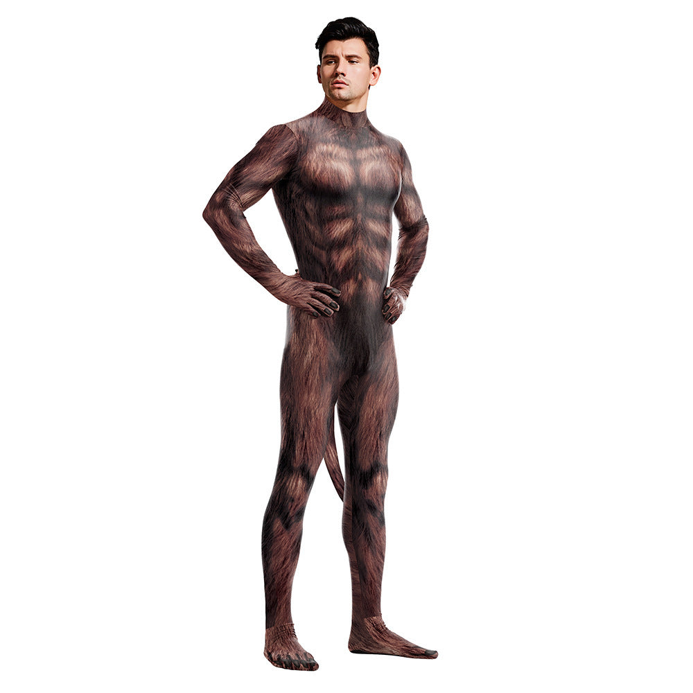 Cosplay Zentai Bodysuit for men Animal print with tail halloween Party furry catsuit