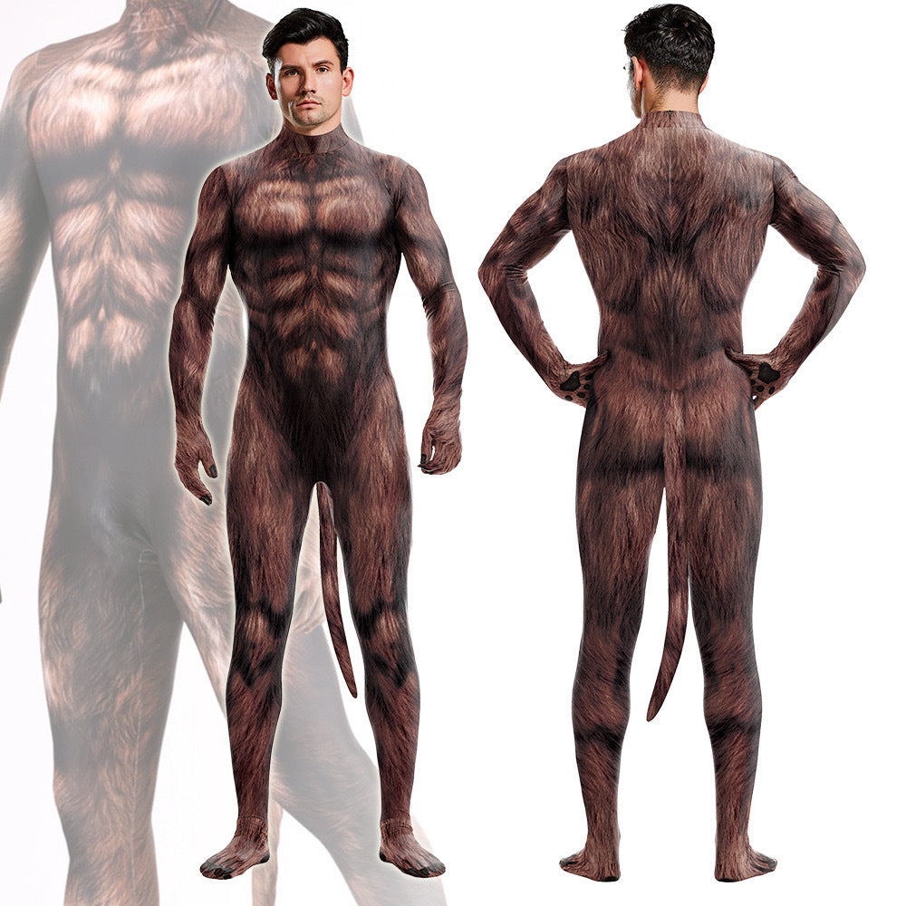 Cosplay Zentai Bodysuit for men Animal print with tail halloween Party furry catsuit