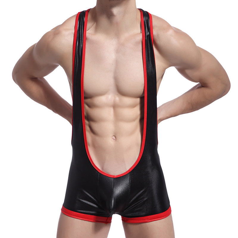 Mens Wrestling Singlet PU Leather Bodysuit Sexy Lingerie