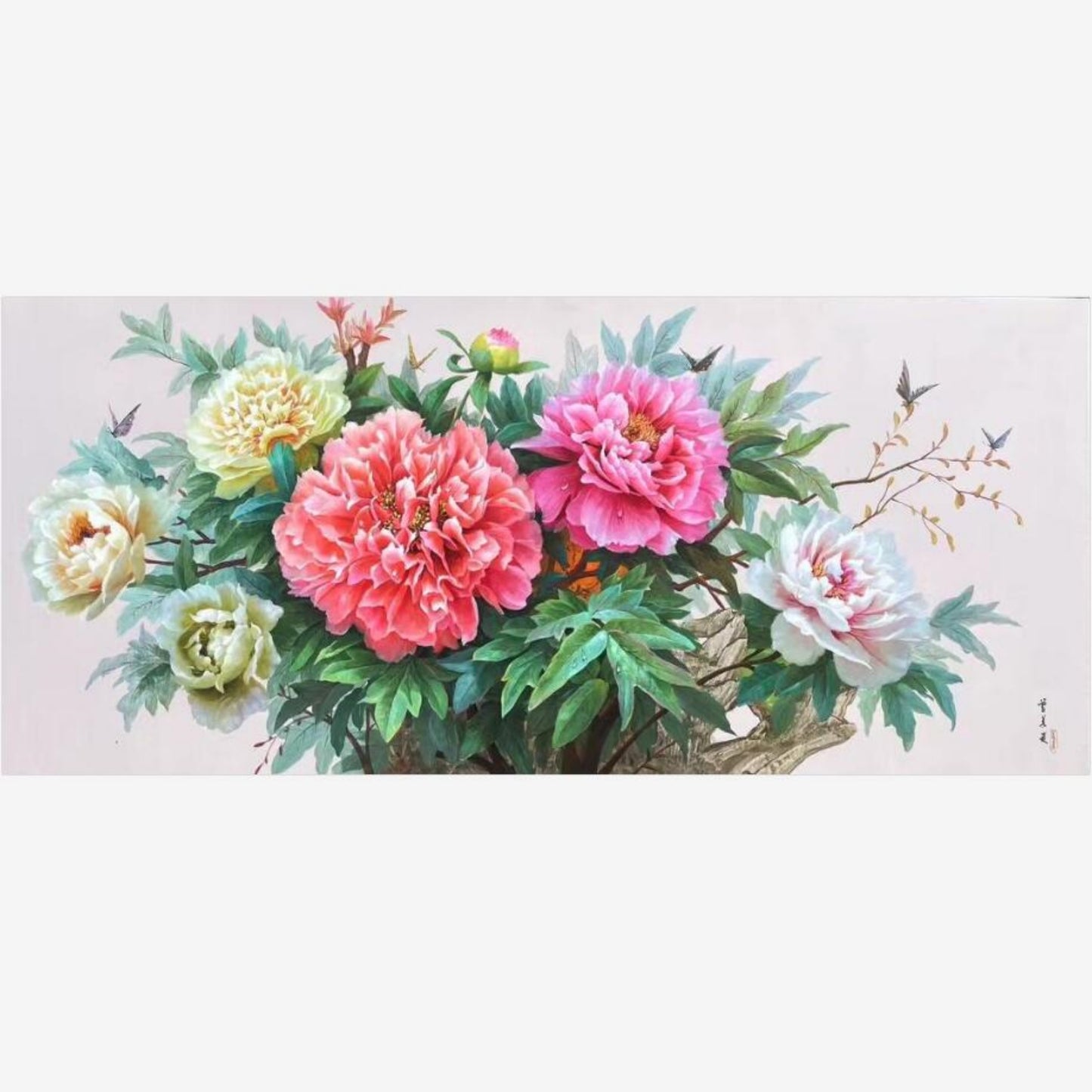 Realistic Peony Flower 100% Handmade Oil Painting on Canvas Wall Decor 80x180cm M2034