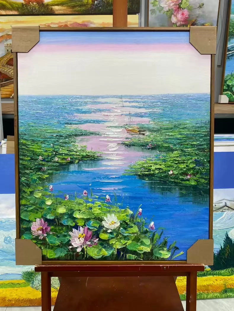 Lotus Pond Oil Painting on Canvas Gift for Friends Family 20 by 24 M3003