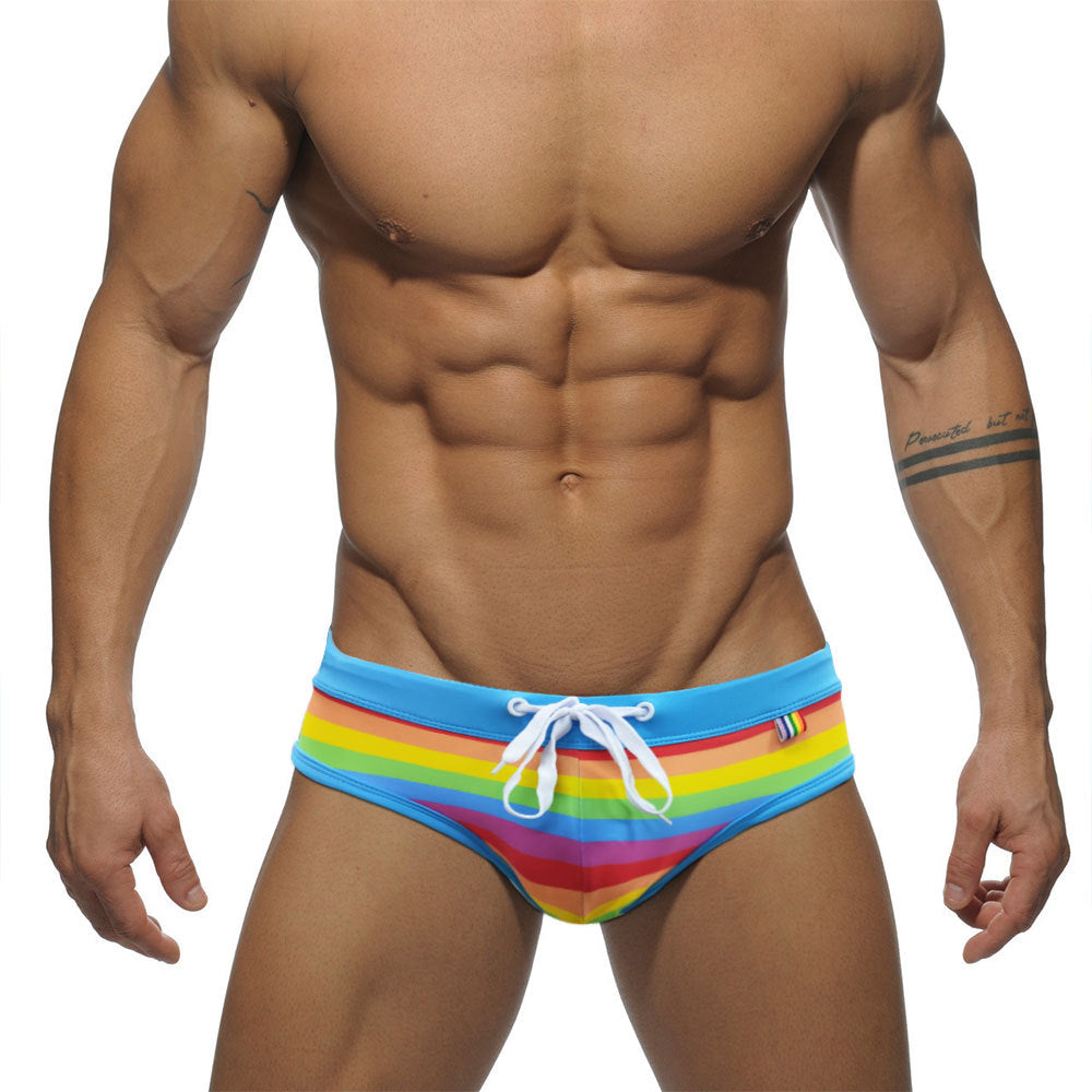 U081 Rainbow Mens Swimsuit Briefs Swimwear Male Sexy Swimming Bikini