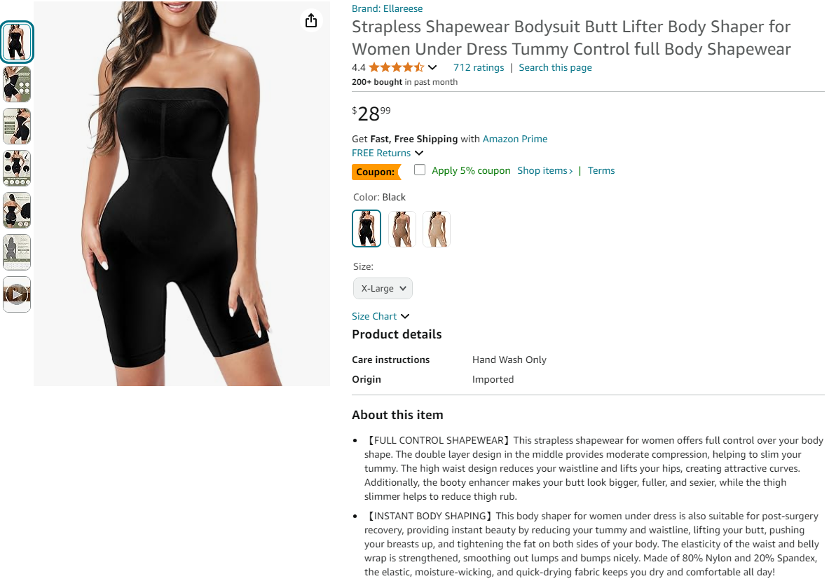 Strapless Shapewear Bodysuit Butt Lifter Body Shaper for Women Under Dress Tummy Control full Body Shapewear