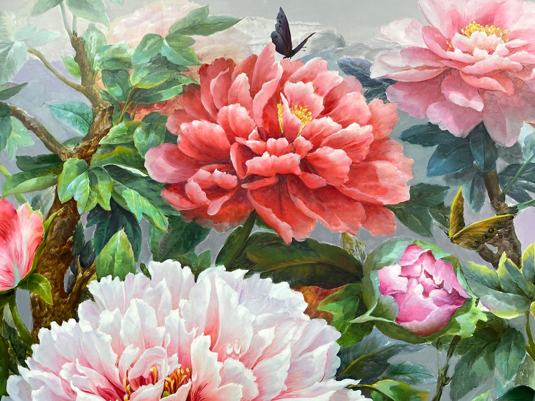 Hyperrealistic Peony Flower 100% Handmade Oil Painting on Canvas Wall Decor 120x280cm M2045