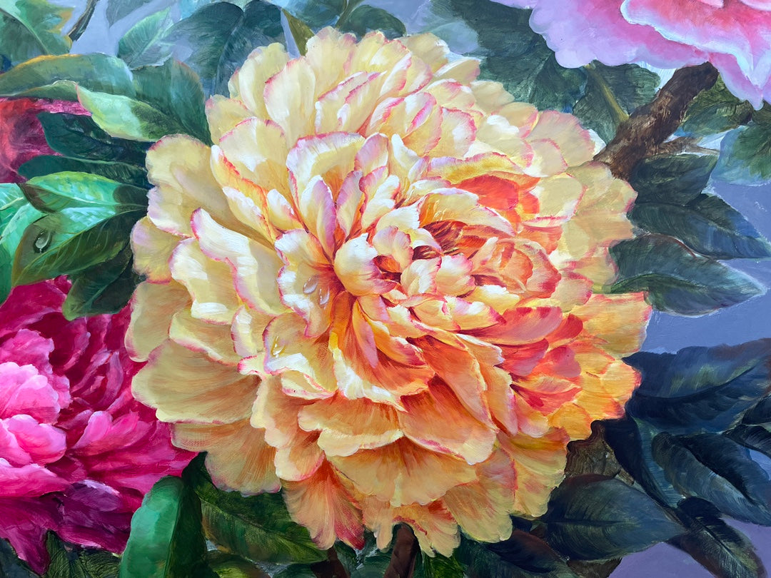 Hyperrealistic Peony Flower 100% Handmade Oil Painting on Canvas Wall Decor 120x280cm M2045