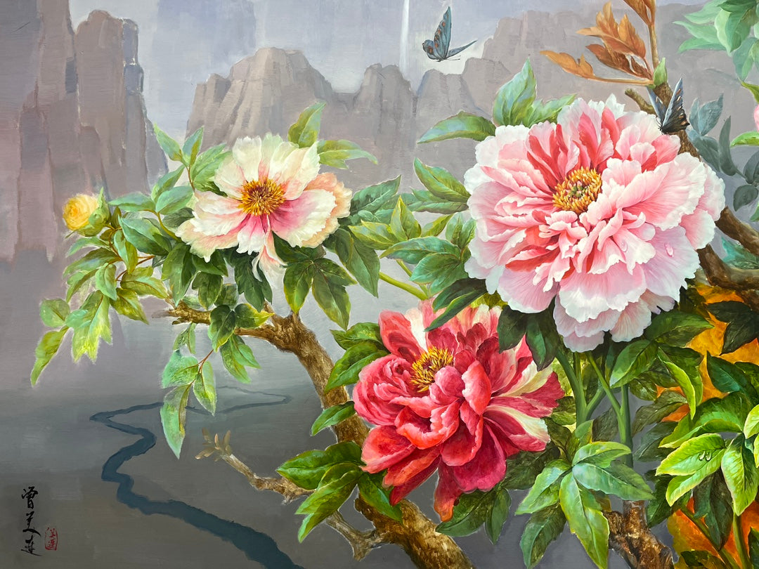 Hyperrealistic Peony Flower 100% Handmade Oil Painting on Canvas Wall Decor 120x280cm M2045