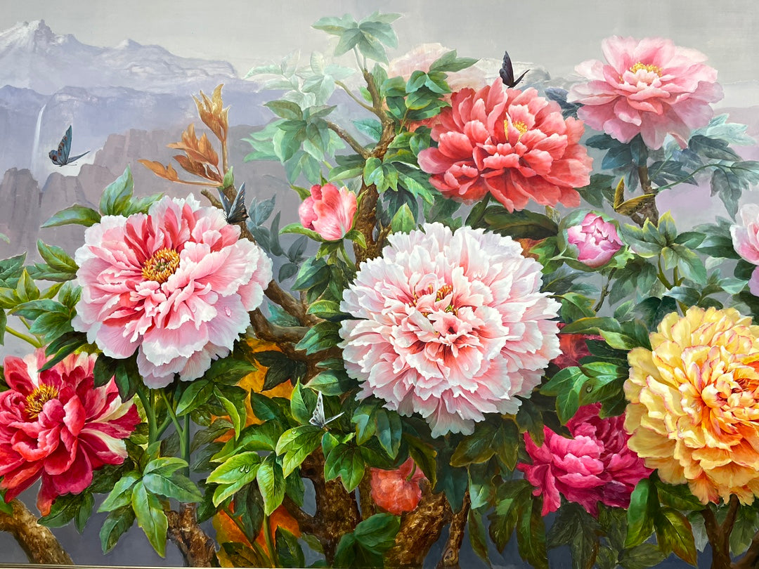 Hyperrealistic Peony Flower 100% Handmade Oil Painting on Canvas Wall Decor 120x280cm M2045